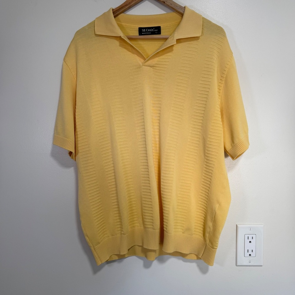 St. Croix Shop Textured Knit Polo Shirt Mens Large Yellow Made in USA Retro
